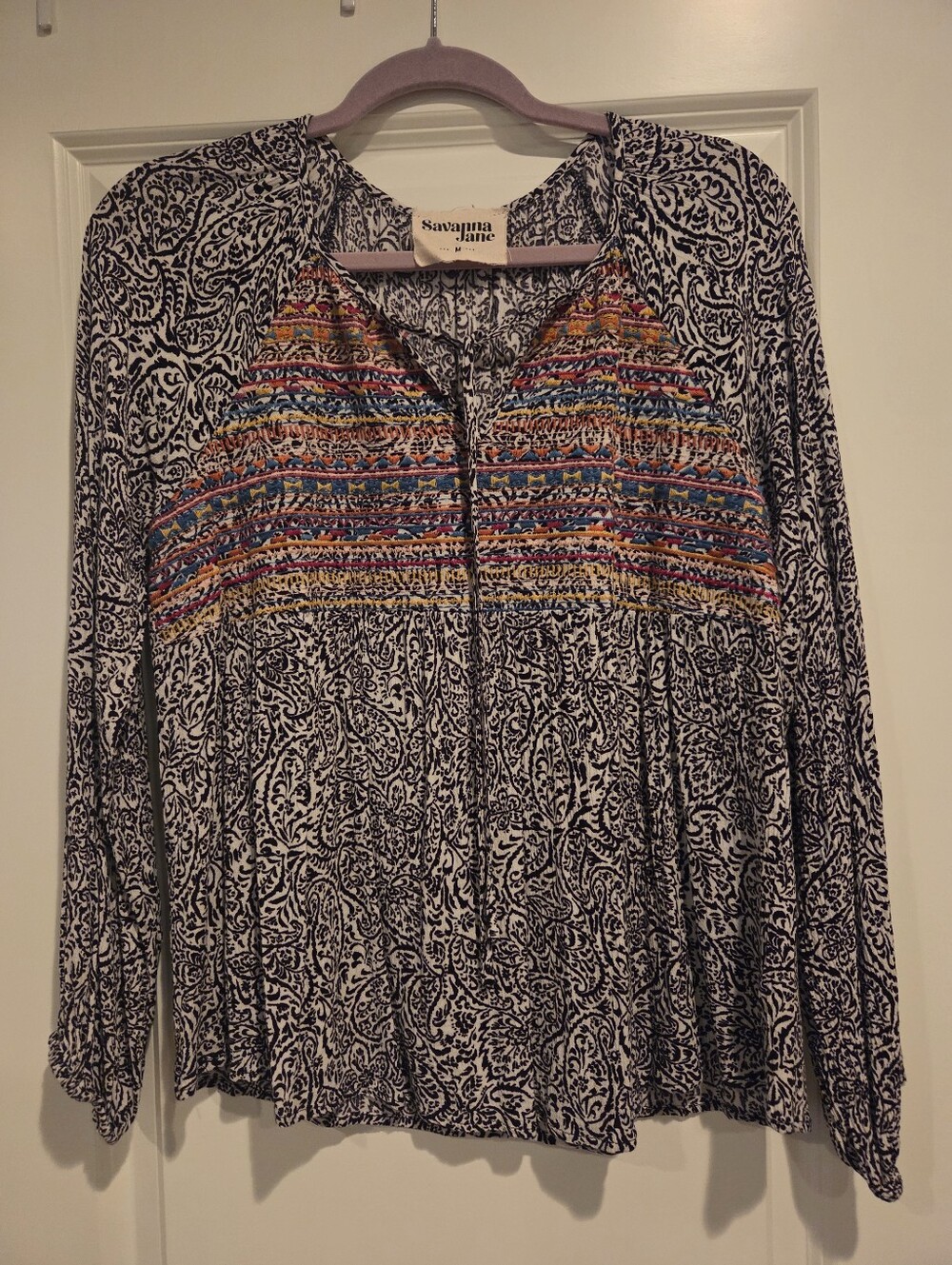 Savanna Jane Black & White Paisley Top with Multicolor Embroidered Yoke